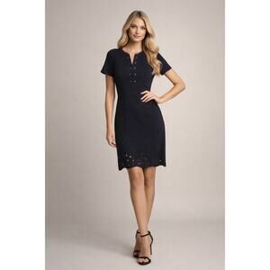 Elie Tahari Dress Women Small Navy Blue Grommet Lace Up Laser Cut Knee - G014